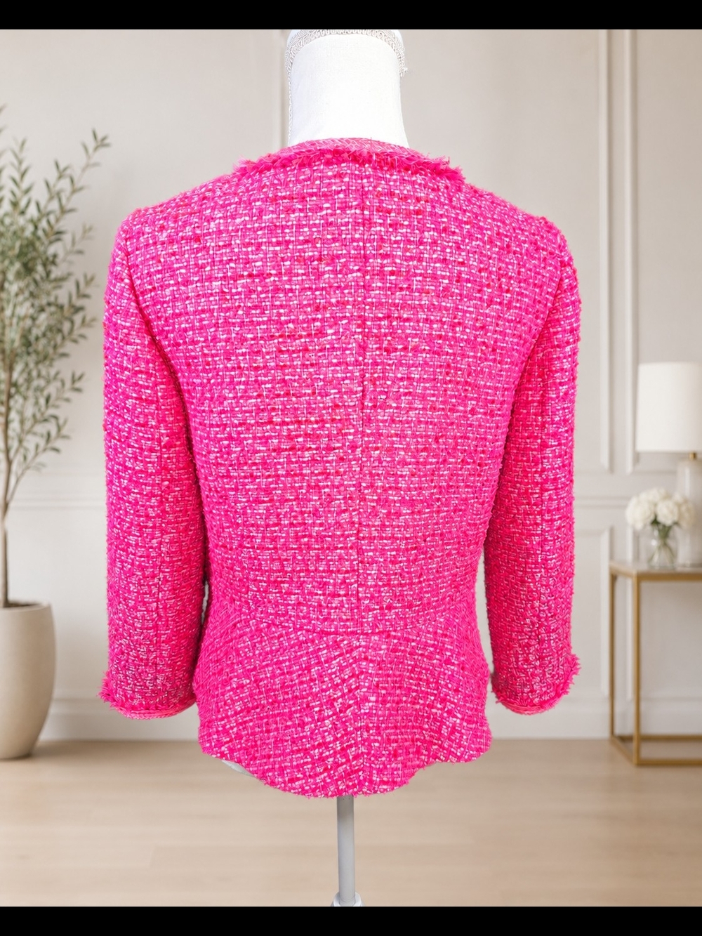 Talbots Hot Pink Bouclé Jacket with White Straight-Leg Pants NWOT - Picture 4 of 7